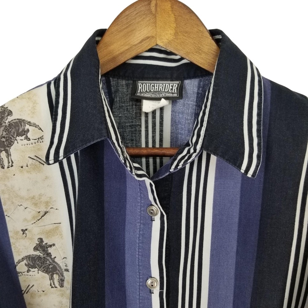 Vtg 90s Roughrider by Circle‎ T Blue Striped Western Shirt Womens L Cowgirl